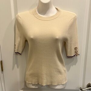Ted Baker Cream Short Sleeve Ribbed Knit Top with Button Accents Size 2 (US 6)